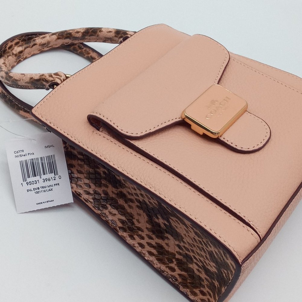 NWT Coach Pink Shell Pepper Leather Crossbody Satchel Bag Snake Embossed C6779 - Picture 13 of 16